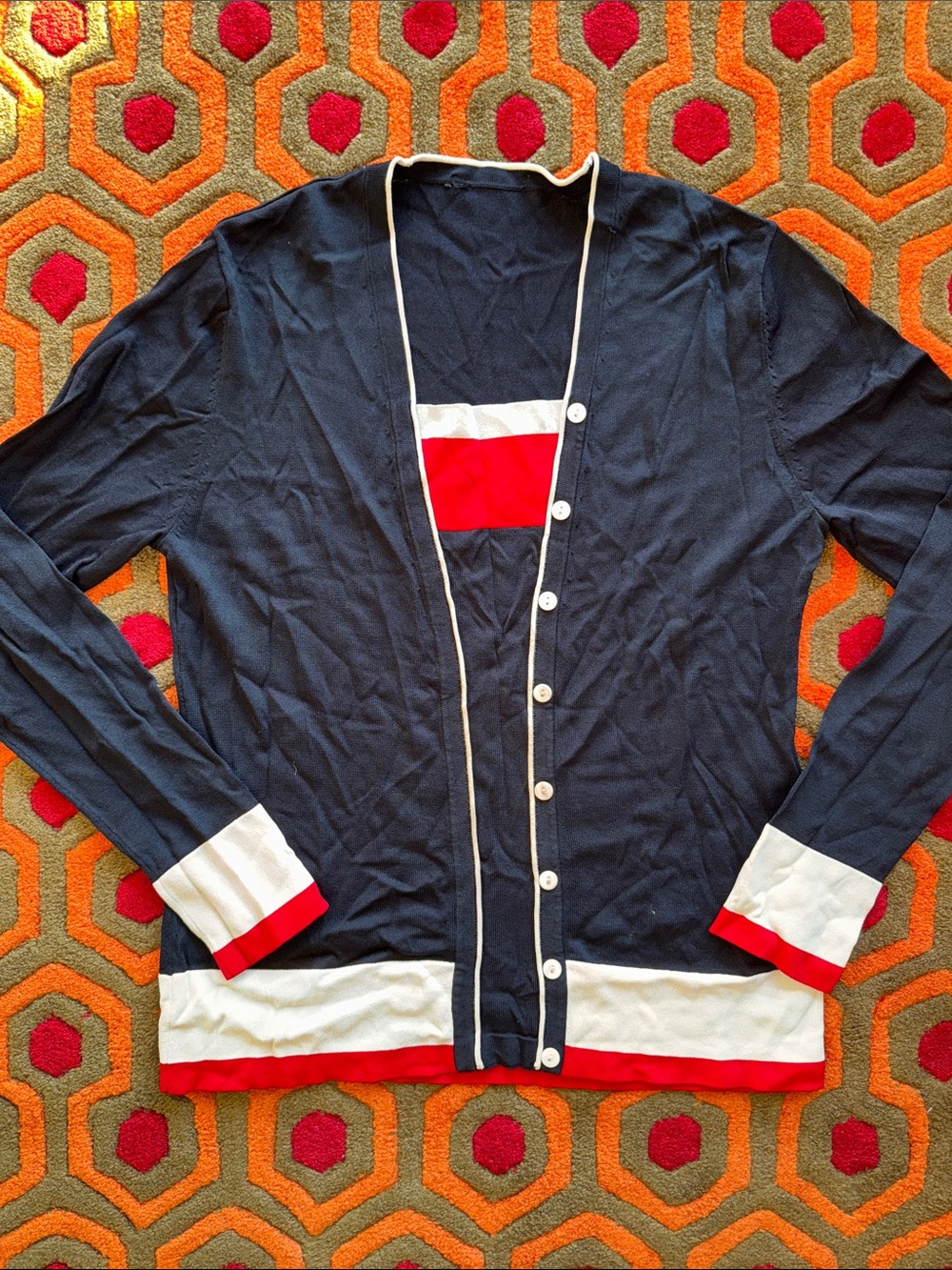 MAKE OFFER! Tommy Hilfiger Navy Blue Cardigan with Red and White Trim Medium